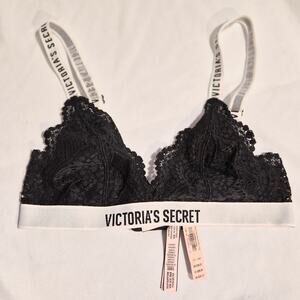 Victoria's Secret Black Lace Logo Bralette XS Triangle Unlined NWT